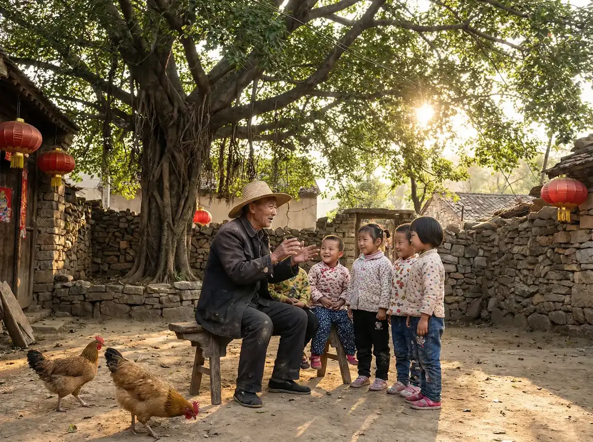 老人在大榕树下给孩子们讲故事 - 网站入口正能量直接进入免费 乡村记忆